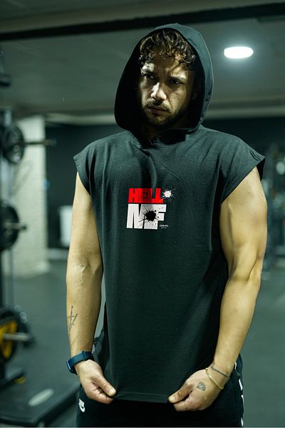 Oxlade قميص رياضي بدون أكمام GYM TOP TANK بقلنسوة 100% قطن HELLO MF Capshon®