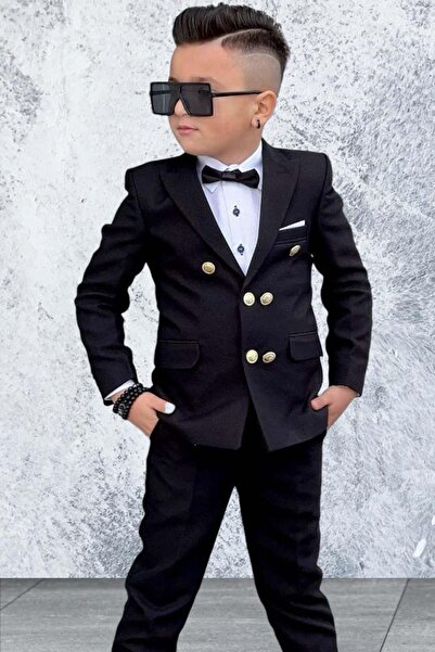 Riccotarz Boy's Button Detailed Blazer Jacket Bow Tie Gift Black Suit