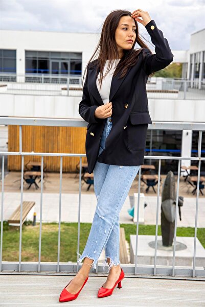 FSKOMBİN Mini Kırmızı Cilt Kadın Kalın Alçak Topuklu Ayakkabı Stiletto