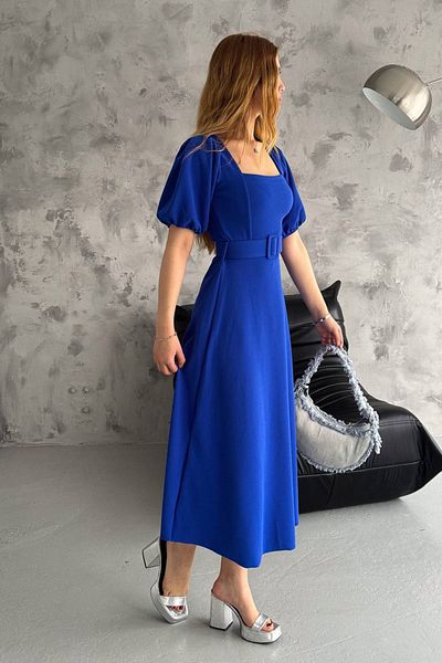 Neşeli Butik rochie de damă saks albastru cu guler pătrat cu centură lycra NBK2085