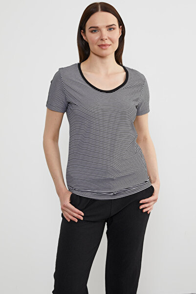 Sementa Ανοιχτό ριγέ μπλουζάκι με λαιμόκοψη - Μαύρο