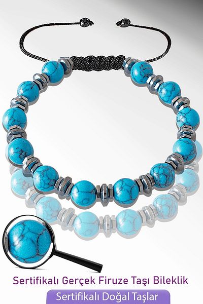 Tesbih Atölyesi Certified Hematite Real Turquoise Stone Bracelet - Adjustable (Turquoise Stone)