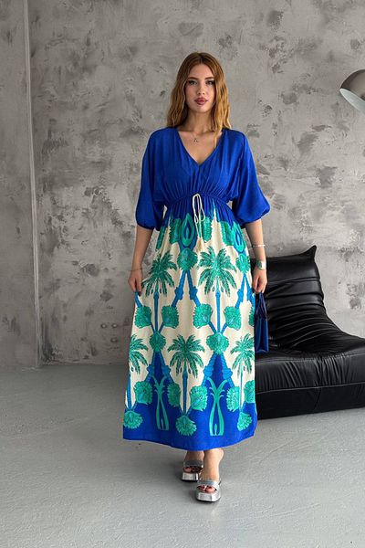 Neşeli Butik γυναικείο φόρεμα με εμπριμέ γιακά V υφαντό από βισκόζη NBK2092