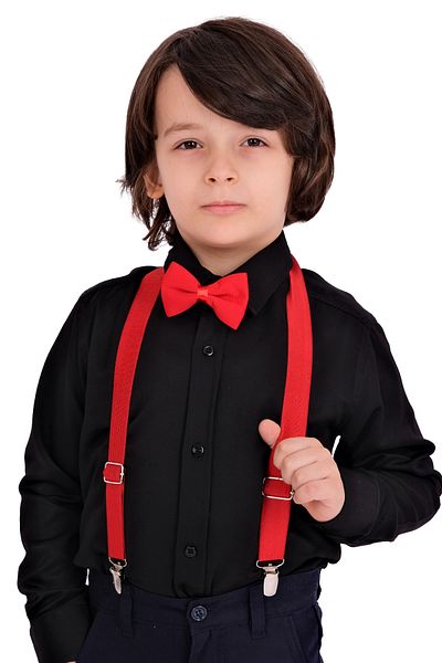 Merdia Boy's Long Sleeve BLACK Shirt Strap Bow Tie 3-Piece Set