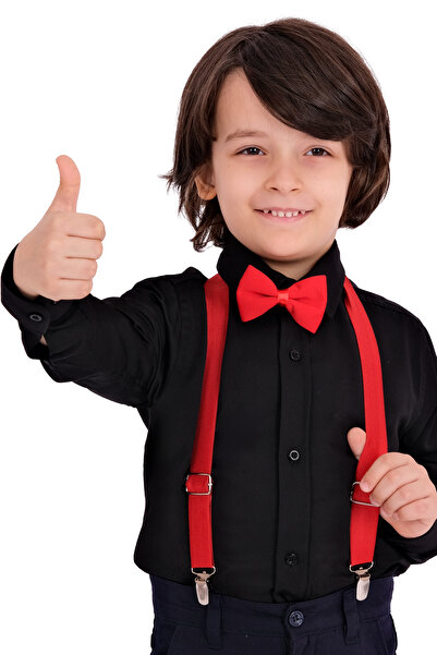 Merdia Erkek Çocuk Uzun Kol SİYAH Gömlek Askı Papyon 3'lü Takım