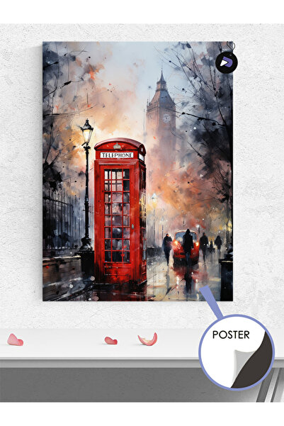 Postermanya İngiltere Londra Kırmızı Telefon Kulübesi Poster - Afiş - Dekoratif Duvar Posteri