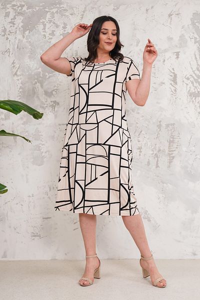 Neşeli Butik women's beige plus size viscose dress with pockets NBA003