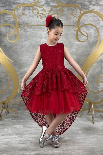 ABİYEKİDS Red Lace Style Tailed Model Graduation Children's Evening Dress