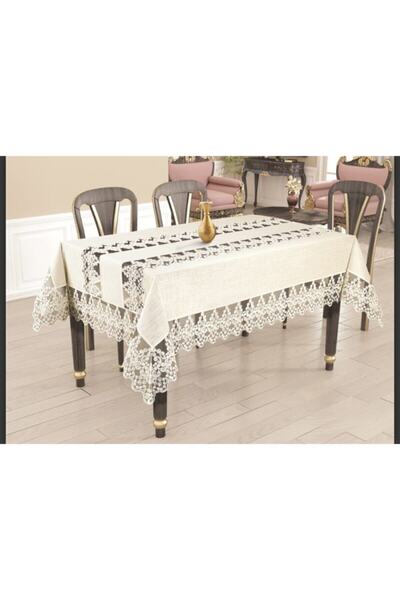 MELOŞ HOME مفرش طاولة دانتيل فرنسي ذهبي من الكتان اللامع من كالف 1.60-2.20