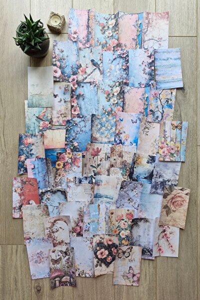 Mona Craftist 67 Adet Eskitme Vintage Çiçek Temalı Scrapbook Kağıt Seti Bulle...