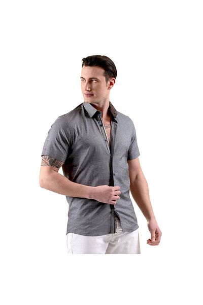Exve Exclusive Καλοκαιρινό πουκάμισο Oxford Cotton Slim Fit, κοντομάνικο με γκρι γιακά και λεπτομέρεια στο στήθος