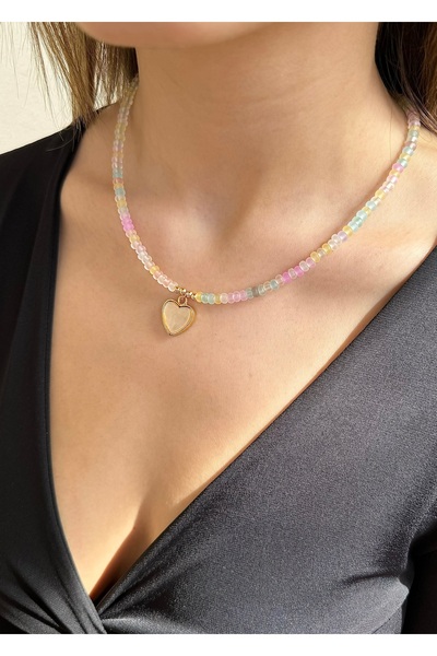 takıtarzım Renkli boncuk Gold kalp kadın kolye