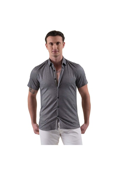 Exve Exclusive Oxford Cotton Slim Fit Short Sleeve Summer Shirt with Gray Collar and Chest Detail
