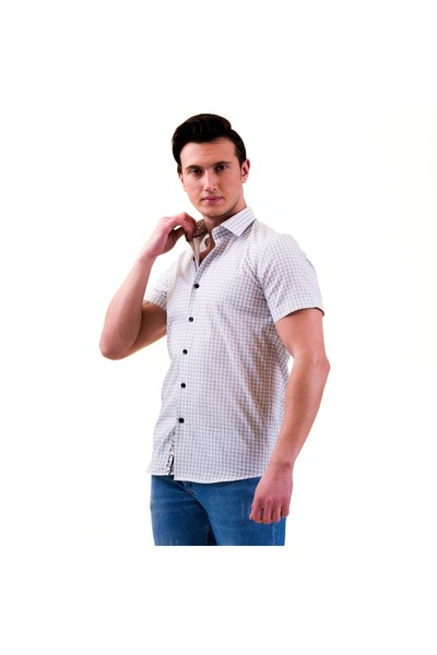 Exve Exclusive Cămașă din bumbac, cu mânecă scurtă, cu mânecă scurtă, cu carouri, alb și albastru gheață.