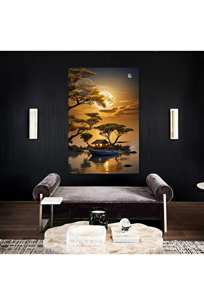 EMİLART 3 Boyutlu Göl Manzarası Dolunay Sandal Ve Yıldızlar Özel Tasarım HD K...