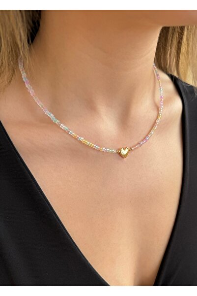 takıtarzım Renkli multi boncuk bombe kalp gold kolye