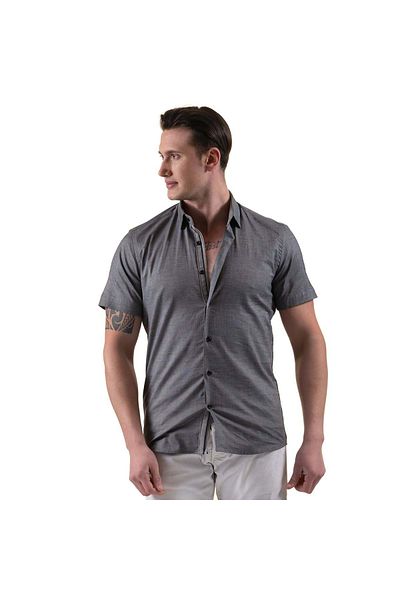 Exve Exclusive Καλοκαιρινό πουκάμισο Oxford Cotton Slim Fit, κοντομάνικο με γκρι γιακά και λεπτομέρεια στο στήθος