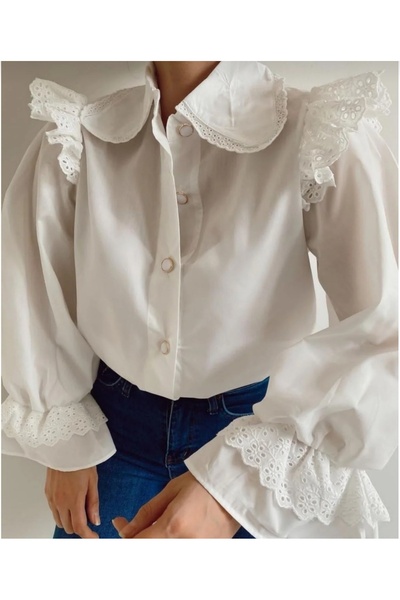 MİNEL ALA MODA Bebe yaka inci düğmeli kadın gömlek