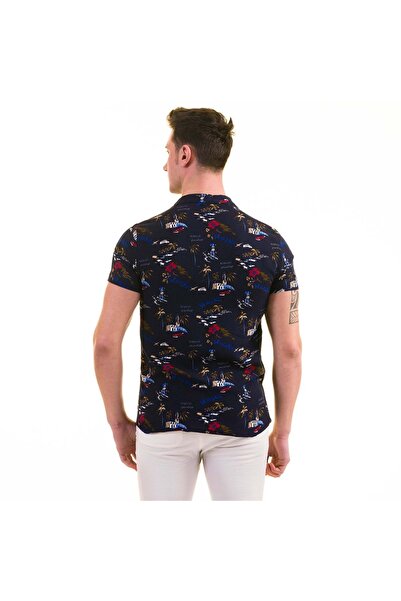 Exve Exclusive Ανδρικό πουκάμισο με κοντό μανίκι με θέμα την Χαβάνα με μπλε μπλε κόκκινο εμπριμέ