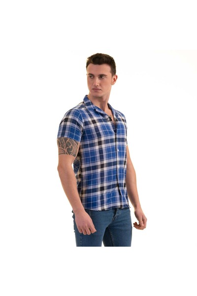 Exve Exclusive Cămașă pentru bărbați, albastru, albastru, albastru, carouri, bumbac, respirabilă, slim fit