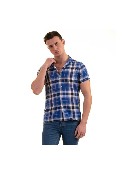 Exve Exclusive Cămașă pentru bărbați, albastru, albastru, albastru, carouri, bumbac, respirabilă, slim fit