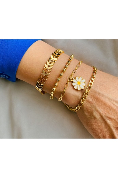 xesha Altın Kaplama 4'Lü Kombin Bileklik Seti Gold Renk Zincir Bilezik Künye