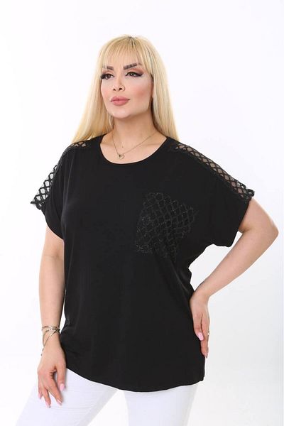 vividbutik Black Mesh Blouse with Lace Pocket and Shoulders