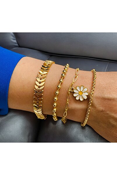xesha Altın Kaplama 4'Lü Kombin Bileklik Seti Gold Renk Zincir Bilezik Künye