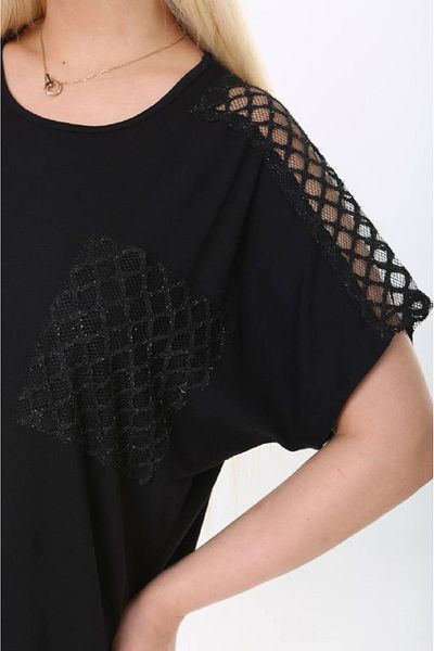 vividbutik Black Mesh Blouse with Lace Pocket and Shoulders