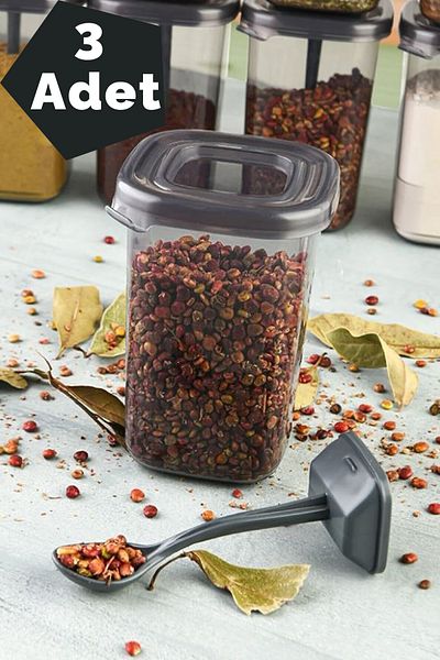 Poolipo 450ml Spice Dispenser with Self Spoon - Black Transparent Color - 3 Pieces