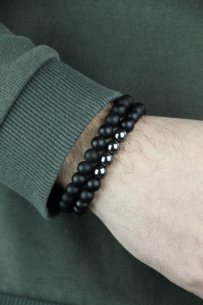 Zuk Collection Onyx and Hematite Stone Set of 2 Natural Stone Bracelet Gift Wooden Box
