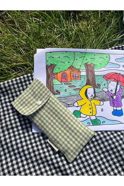 sumicorn Green Linen Glasses - Gingham, Washable Snap Detail, Cloth Pencil Holder Case