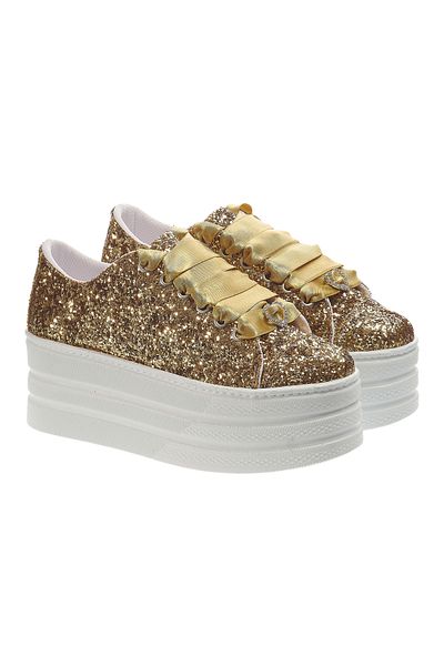 Ayakkabı Tutkusu Stilo ® Women's Gold Glitter Platform Flat Sole Sports Shoes Gold Color Shoes