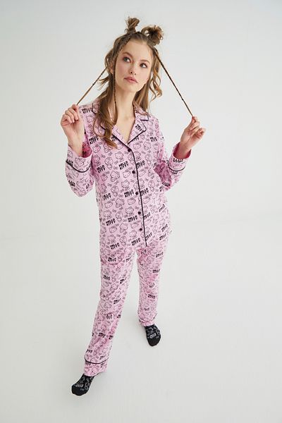 Hello Kitty Licensed Buttoned Long Sleeve 100% Cotton 2 Piece Pack Pajamas Set Roz-53-54