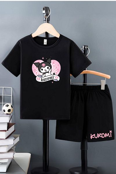 AMMA Children's Black Heart Kuromi Printed Bottom Top 100% Cotton T-Shirt Shorts Set