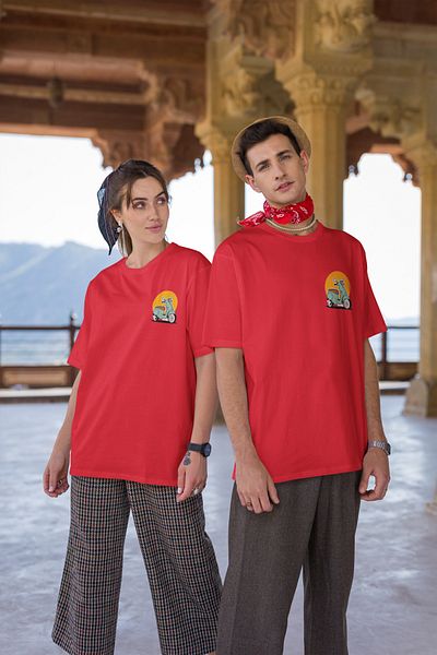 Boi Mini Vespa Chest Printed Unisex Oversize Colored T-shirt - Black and White Wide Fit Printed T-Shirt