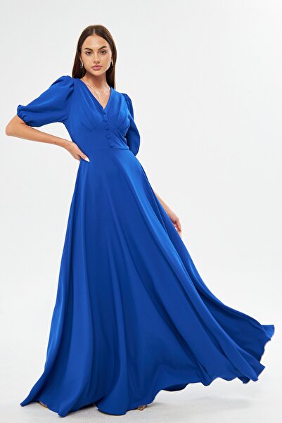 lovebox Еластична тканина V-подібний виріз Гумка на талії Кнопки Максі довжина Кльош Великий розмір Сакс Синя вечірня сукня 422