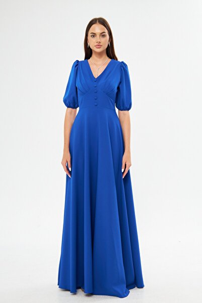 lovebox Еластична тканина V-подібний виріз Гумка на талії Кнопки Максі довжина Кльош Великий розмір Сакс Синя вечірня сукня 422