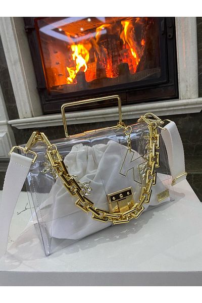 AREV BAGS Transparent Hand and Shoulder Bag with Chain Strap and Black Stones