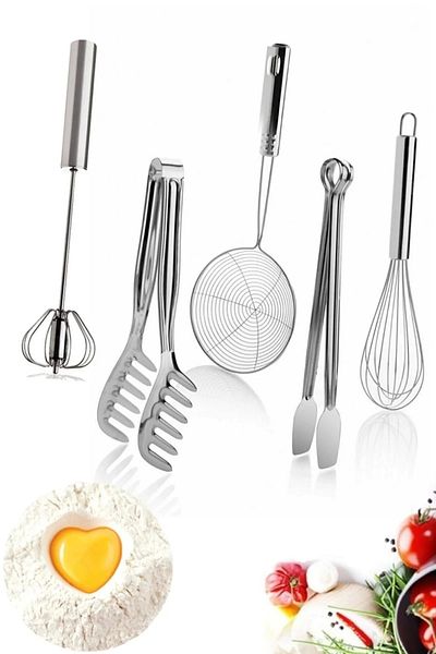 Maridet Practical Kitchenware 5 Pieces Tableware Kitchen Meal Prep Set Steel Beater Tongs Colander Scoop Grid