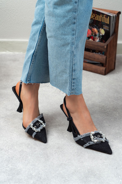 NİŞANTAŞI SHOES Dámské boty na podpatku Anjali Antracite Denim pásek