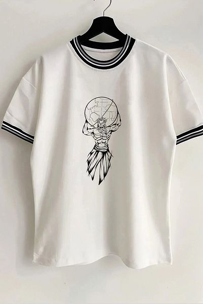 Vordevia Atlas Printed New Season Λευκό Oversize Unisex Tshirt με λεπτομέρεια γιακά και μανίκια