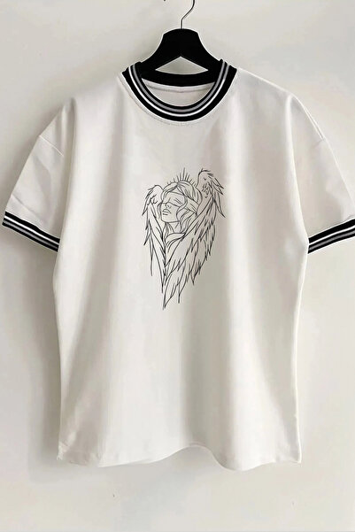 Vordevia Tricou unisex supradimensionat alb cu nervuri cu imprimeu înger, gul...