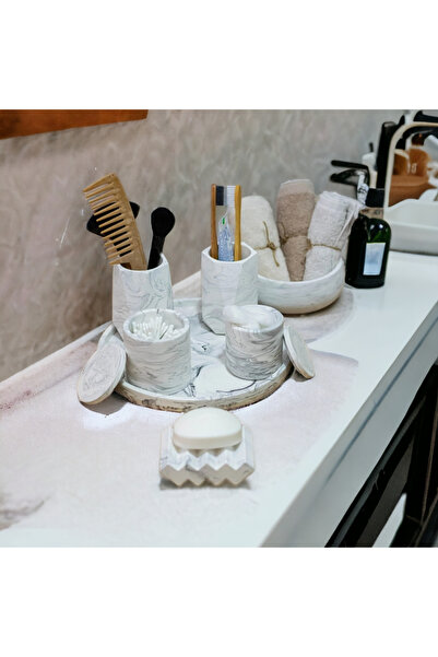 NIDAGE Σετ μπάνιου από μπετόν με μαρμάρινο δίσκο - Γκρι 7 τεμάχια