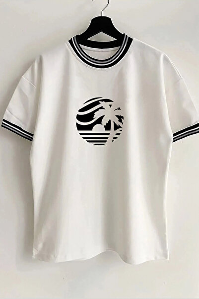 Vordevia Унисекс тениска с щампа от палми, яка и ръкав, детайлна оребрена, бя...