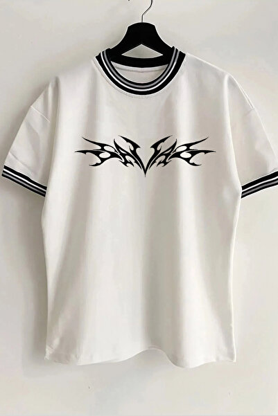 Vordevia تي شيرت أبيض مضلع كبير الحجم للجنسين مطبوع عليه نص سافاج للموسم الجد...