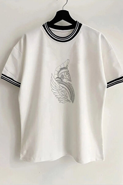 Vordevia Tricou unisex oversize alb cu nervuri cu imprimeu Warrior, cu guler ...