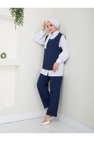 VOLT CLOTHİNG DAMEN-SET MIT HALSKETTENDETAIL, HEMDKRAGEN, GESTREIFT, DREIFACHE WESTE