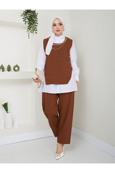 VOLT CLOTHİNG DAMEN-SET MIT HALSKETTENDETAIL, HEMDKRAGEN, GESTREIFT, DREIFACHE WESTE