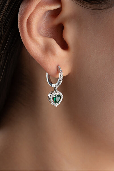 ESSARE 925 Ayar Gümüş Rodyum Kaplama Kalp Model 15 MmYeşil Taşlı Küpe